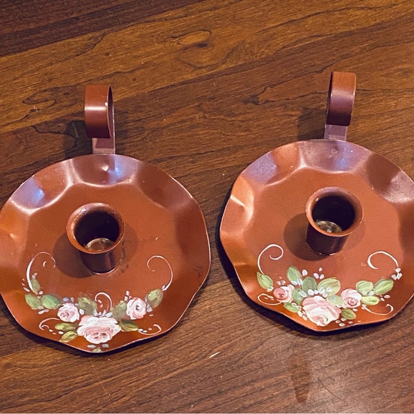 VTG 1960-70s Joyce Stephens Rust Tole Painted Metal Chamber Stick Candle Holders - Picture 4 of 8